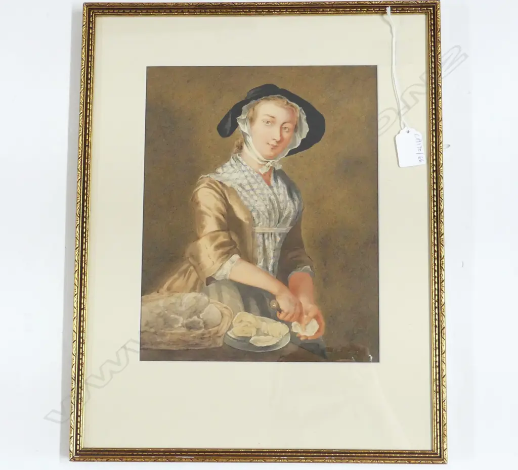 FINE VICTORIAN W/C after Philip Mercier (1689-1760) 'THE FAIR OYSTER GIRL' 270x215mm. The original inscribed in the margin with title and ... 'The Oysters good! the Nymph so fair Image 1++