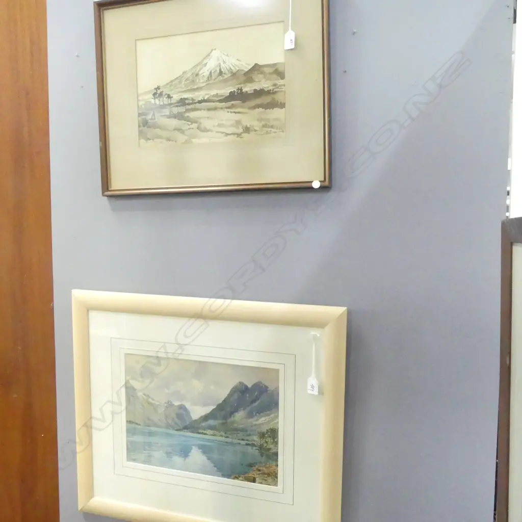 FRED R. FITZGERALD, THE OLDEN LAKE - NORMAY, W/C, 180x370mm + INDISTINCTLY SIGNED W/C OF TARANAKI Image 1++