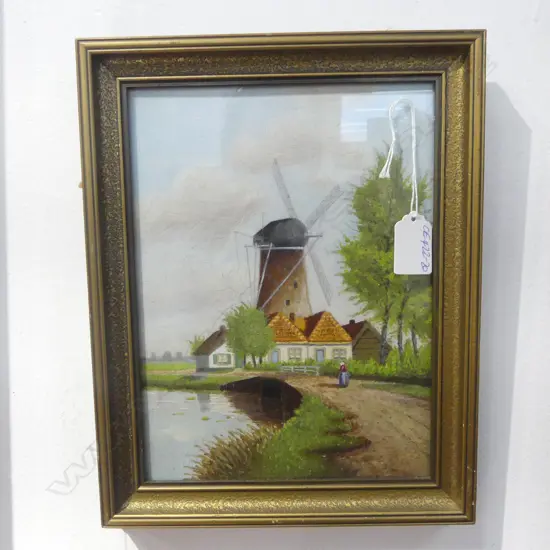 c1900 OIL ON BOARD WINDMILL SCENE unsigned 235 x 175mm