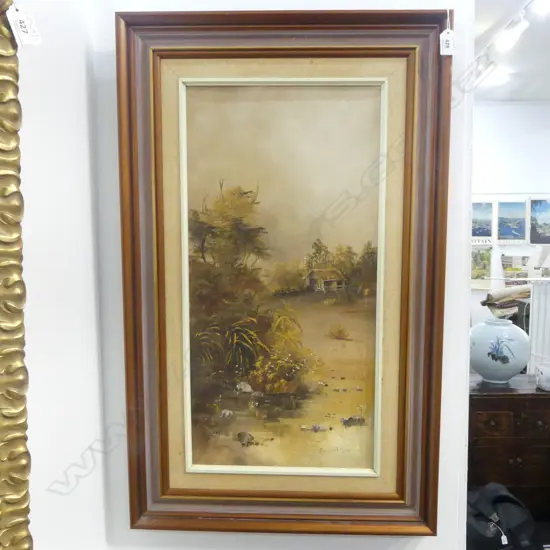 MARGARET MOORE 'COUNTRY BARN' OIL ON CANVAS 1977 595x290mm