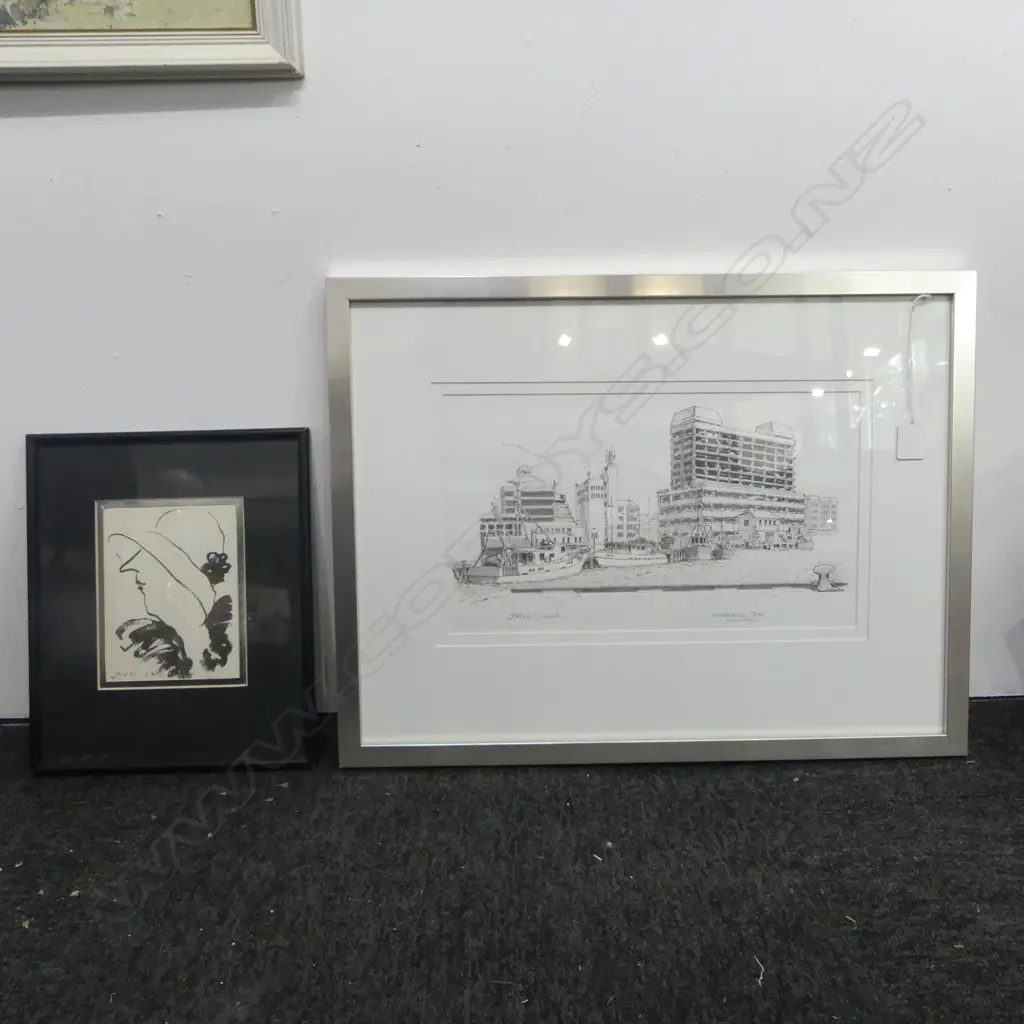 SMALL JANE EVANS PORTRAIT PRINT 155x110mm + BRUCE GILLAN, CUSTOMHOUSE QUAY WELLINGTON', PEN & INK, 200x350mm Image 1++