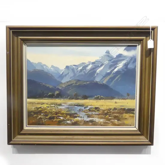 JOHN CRUMP OIL ON BOARD 'Mt. Pluto from the Routeburn'. 375 x 500mm