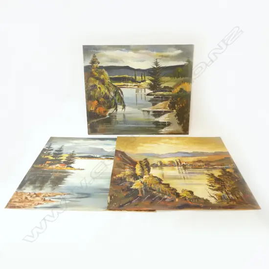 THREE FLORENCE  LUXFORD PAINTINGS ON BOARD COASTAL INLETS 520X610mm