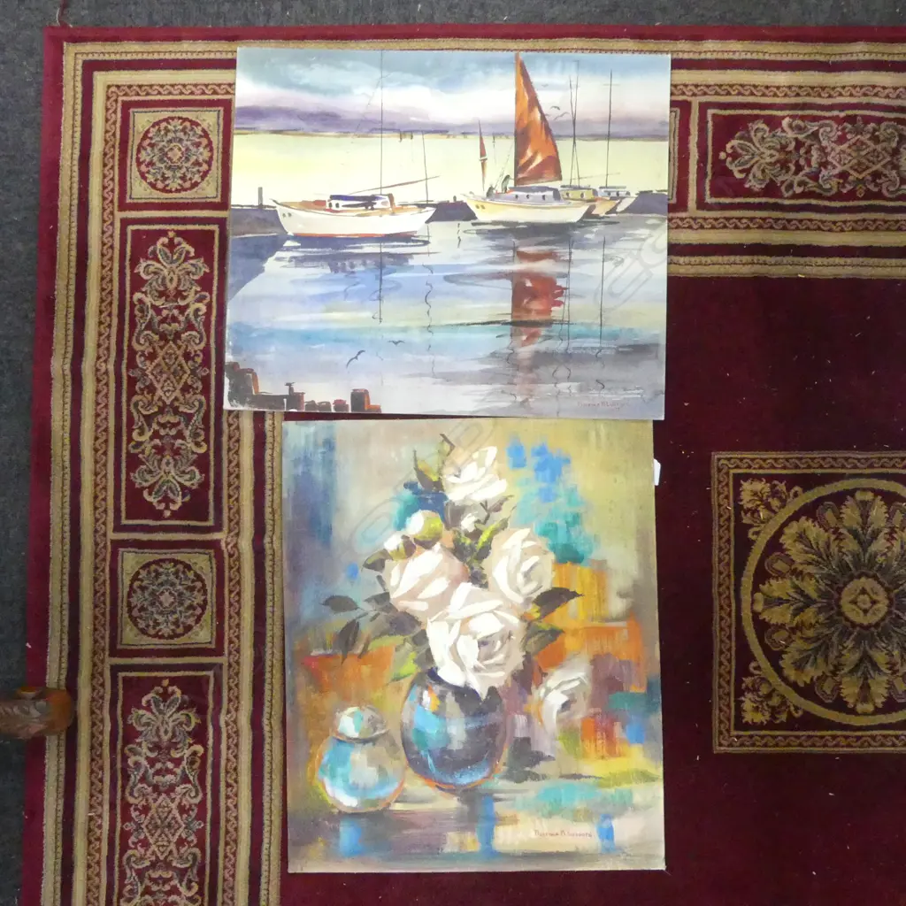 TWO FLORENCE LUXFORD; OIL WHARF SCENE & FLORAL W/C 500mm x 500mm Image 1++