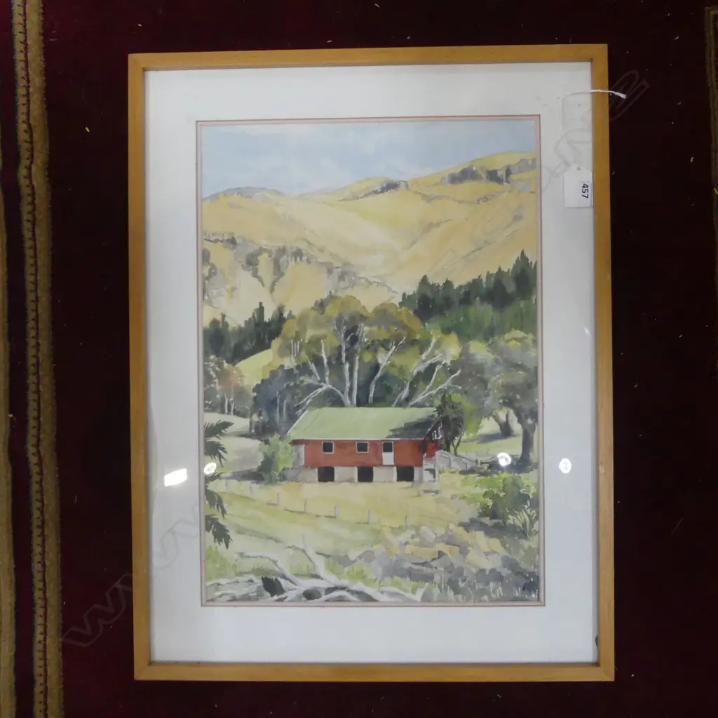 HELEN BASSETT WATERCOLOUR 'Woolshed Port Hills Christchurch' signed. entitled verso 410 x 290mm Image 1++