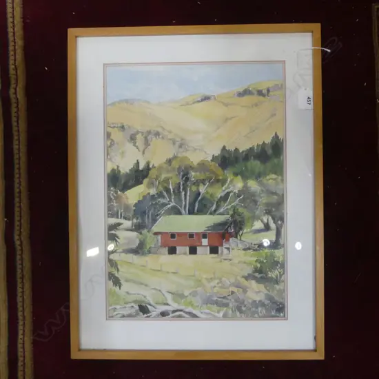 HELEN BASSETT WATERCOLOUR 'Woolshed Port Hills Christchurch' signed. entitled verso 410 x 290mm