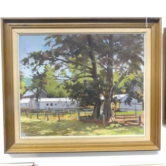 KEITH NELSON? OIL ON BOARD FARM BUILDINGS 485 X 595mm