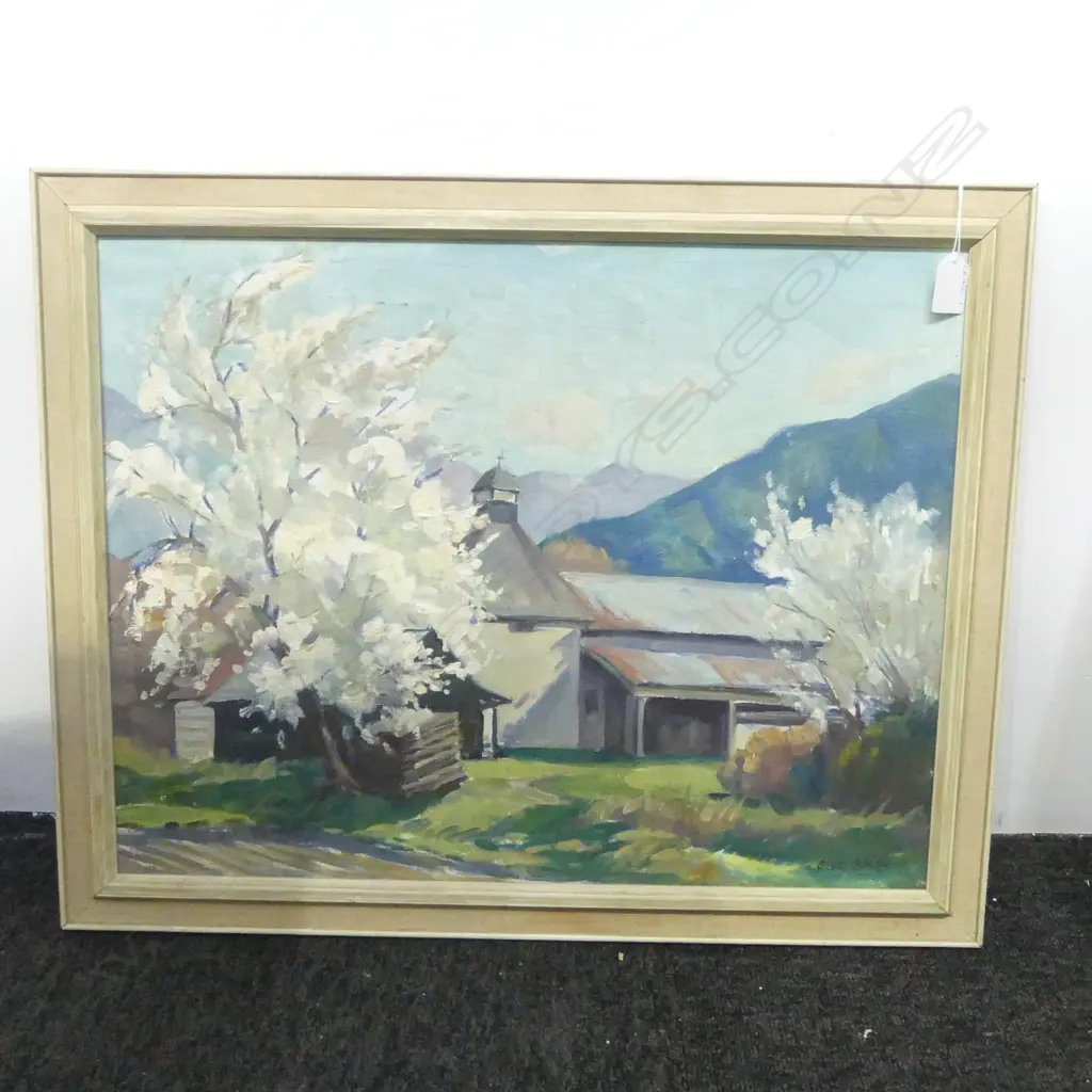 OLIVE BEKEN, HOP BARN AND BLOSSOM RIWAKA (NELSON), OIL ON BOARD, 430x540mm Image 1++