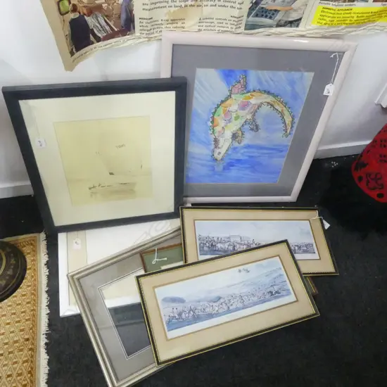2 EMPTY FRAMES, 2 FRAMED HUNTING SCENES + 3 OTHERS (7)
