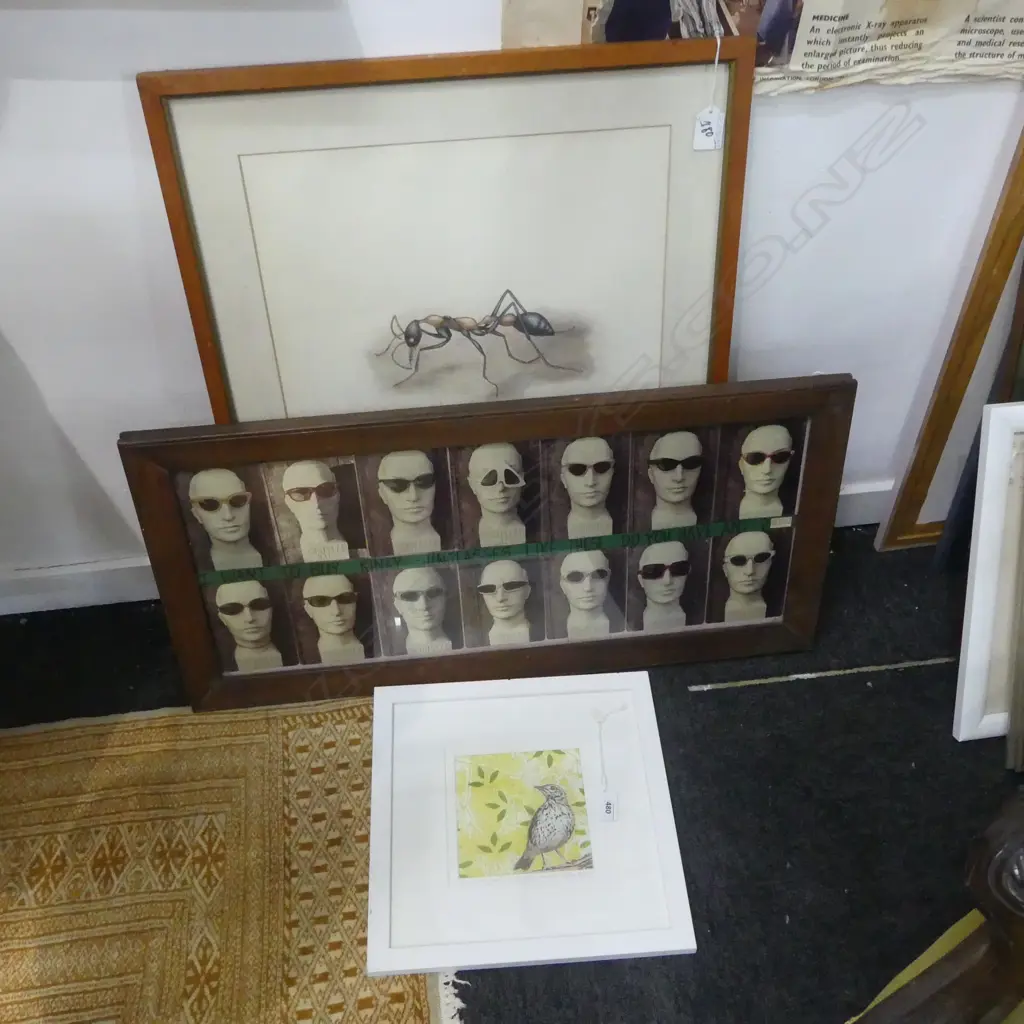THREE FRAMED WORKS; JUMPER AND BULL-DOG ANT 500x350mm, CHRISTYS HATS 'I WANT TO BUY KINKY SUNGLASSES' PRINT + THRUSH Image 1++