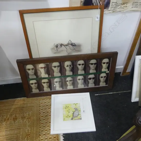 THREE FRAMED WORKS; JUMPER AND BULL-DOG ANT 500x350mm, CHRISTYS HATS 'I WANT TO BUY KINKY SUNGLASSES' PRINT + THRUSH