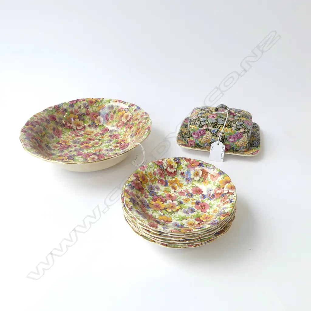 6 ENGLISH CHINA 'DU BARRY' DESSERT BOWLS + BOWL & ROYAL WINTON 'HAZEL' BUTTER DISH (age marks inside) Image 1++