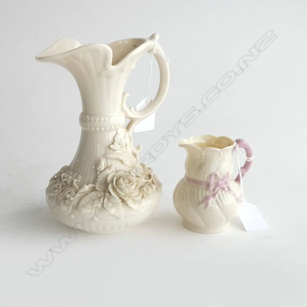 2 BELLEEK JUGS tallest green marked H.175mm Image 1++