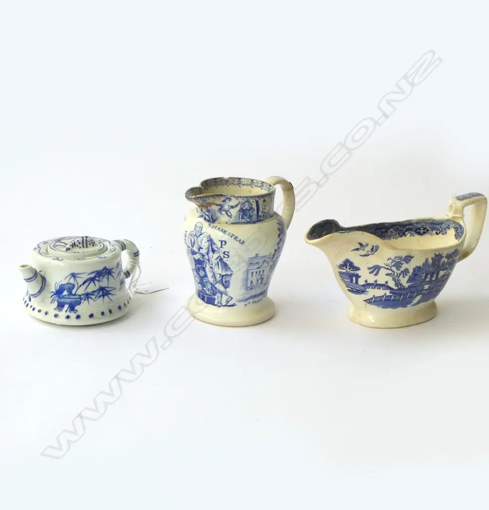 B/W WILLOW PATTERN JUG W.210mm, SHAKESPEARE JUG & SMALL ORIENTAL TEAPOT Image 1++