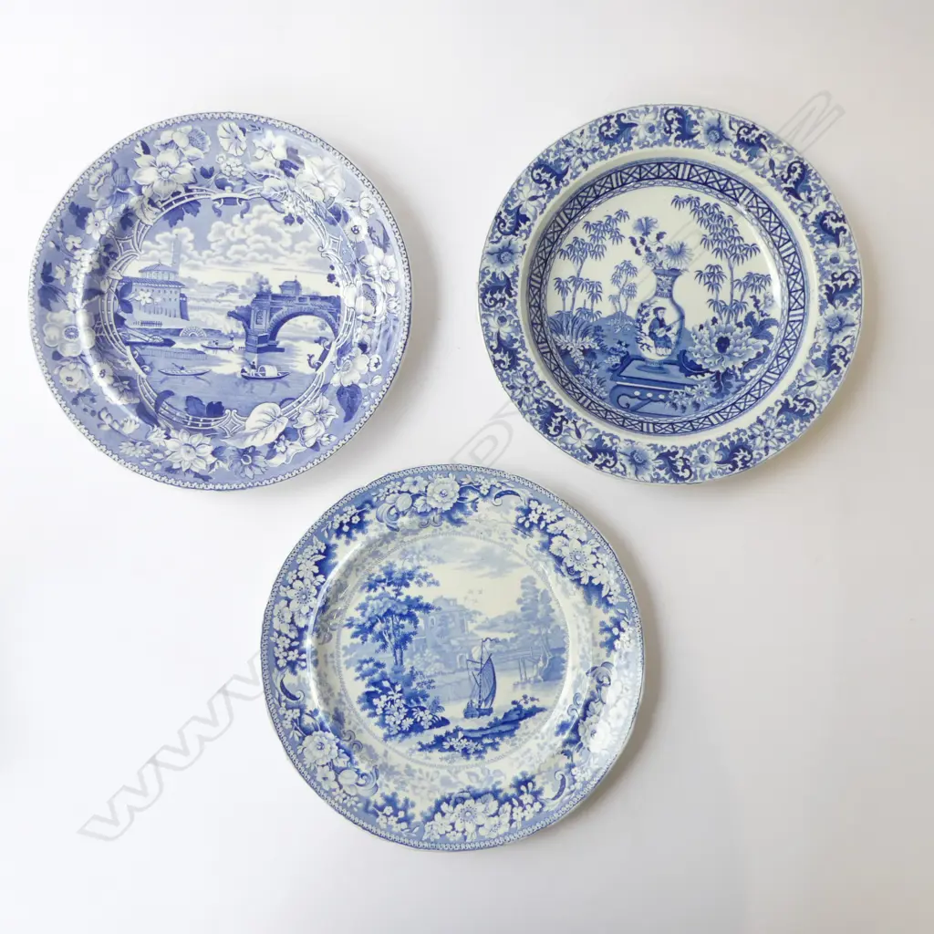 3 x 19thC B/W CABINET PLATES, MINTON, WEDGEWOOD & LOCKETT & HULM, Dia.250mm Image 1++