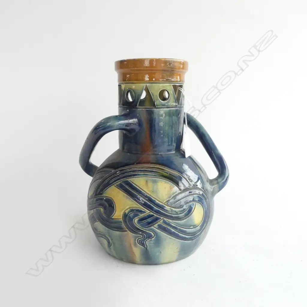 EUROPEAN ARTS & CRAFTS CELTIC DESIGN POTTERY VASE entwined knot design pr angular handles minor faults H.285mm Image 1++
