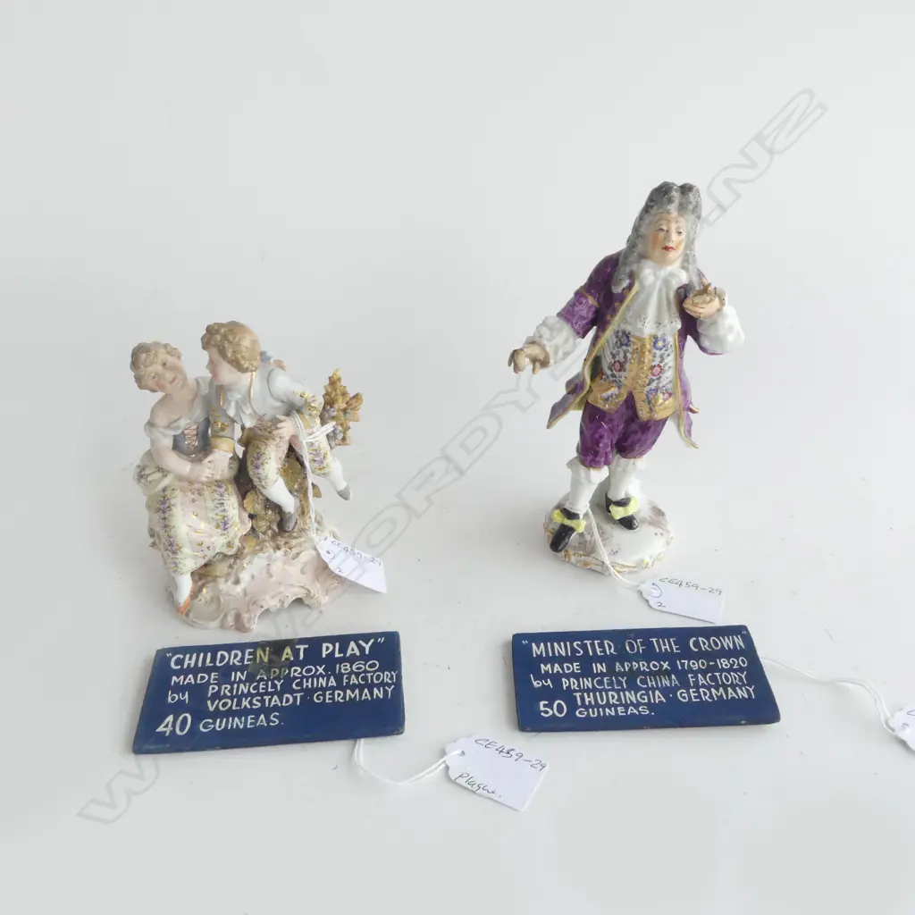 2 PCS ANTIQUE GERMAN PORCELAIN; CHILDREN at PLAY, VOLKSTEDT, H.130mm & MINISTER, H.170mm (damaged) both marked to base Image 1++
