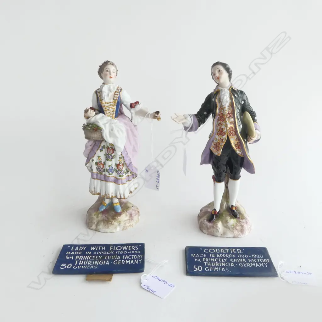 2 ANTIQUE DRESDEN PORCELAIN FIGURINES, H.230mm, blue wheat mark to base, Lady w flowers damaged Image 1++