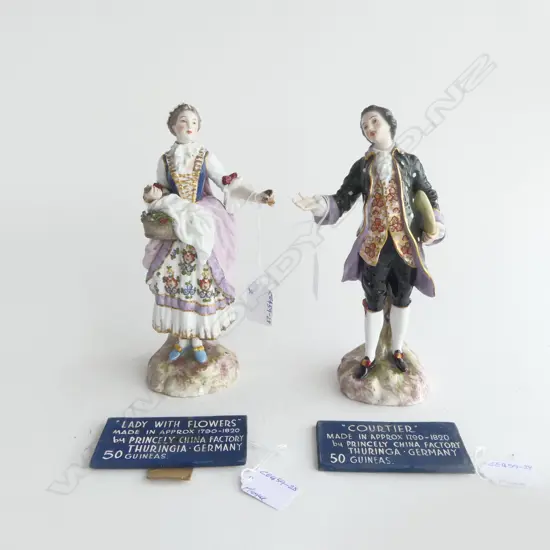 2 ANTIQUE DRESDEN PORCELAIN FIGURINES, H.230mm, blue wheat mark to base, Lady w flowers damaged