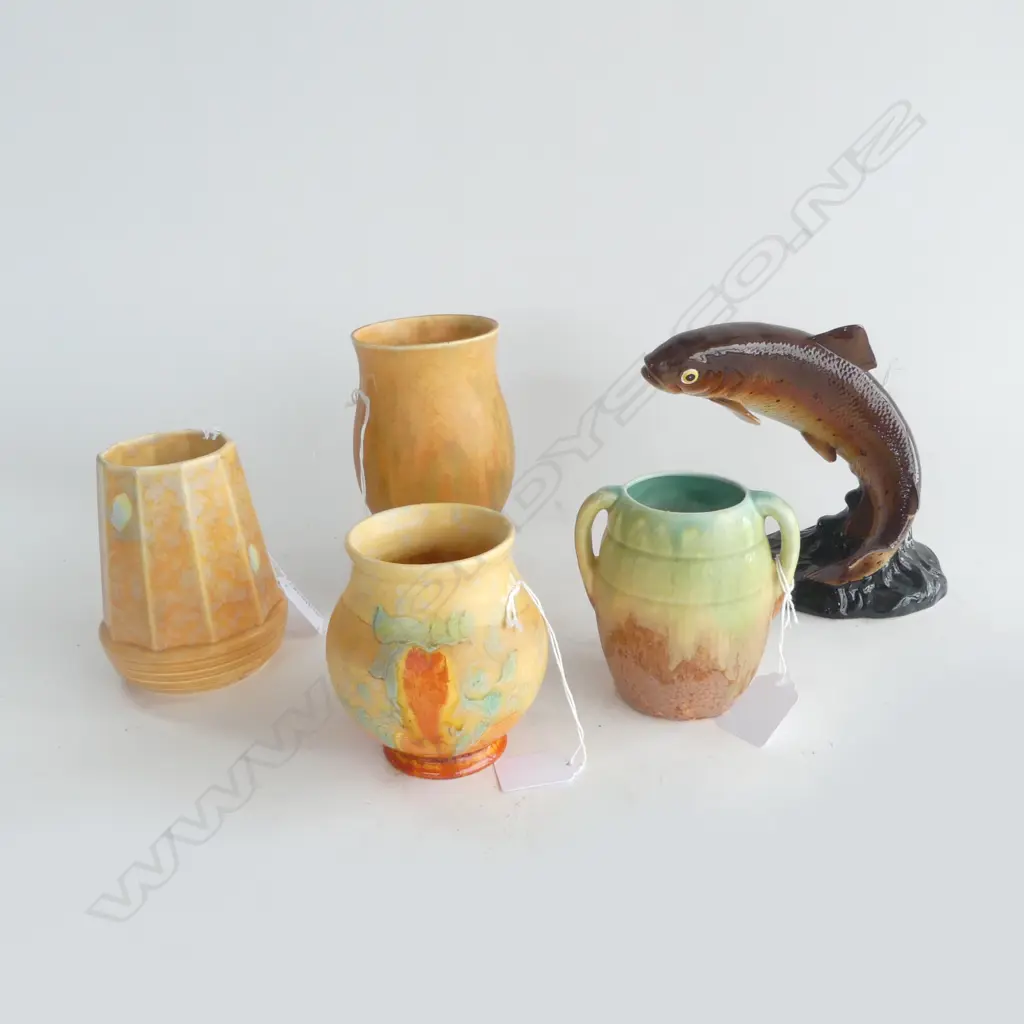 TROUT ORN H150MM & 4 SMALL DECO VASES 2 MARKED BESWICK H155MM TALLEST Image 1++