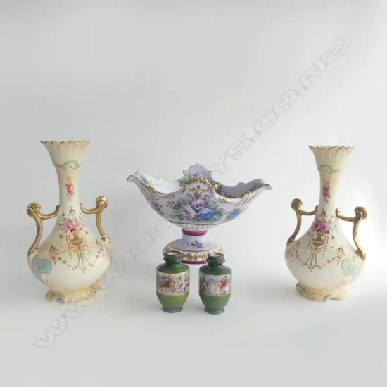 PR CROWN DEVON LRG BLUSH IVORY VASES, H.320mm, HAND PAINTED PEDESTAL BOWL, H.200 x 330mm & PR SML AUSTRIAN VASES