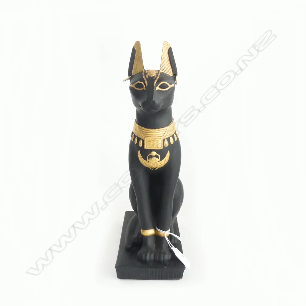 BLACK & GILDED CERAMIC EGYPTIAN CAT FIGURE ON STAND 'GUARDIAN OF THE NILE' H.415mm Image 1++