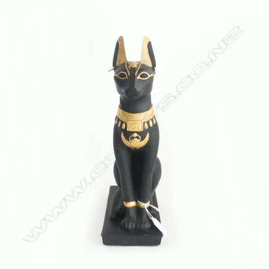 BLACK & GILDED CERAMIC EGYPTIAN CAT FIGURE ON STAND 'GUARDIAN OF THE NILE' H.415mm