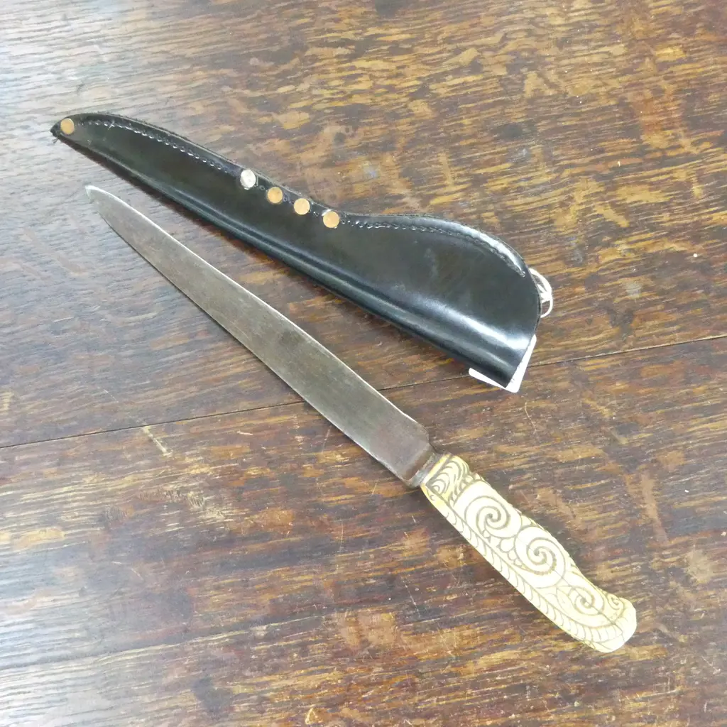 OLD Walker & Hall Sheffield STEEL KNIFE BLADE with LATER SCROLL CARVED ANTLER or bone HANDLE L.325 in leather sheath Image 1++