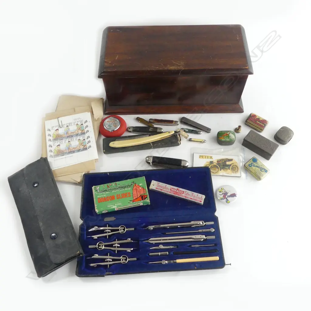 COLONIAL DEED BOX & CONTENTS STAMPS DROUGHTMANS SETS POCKET KNIVES ETC Image 1++