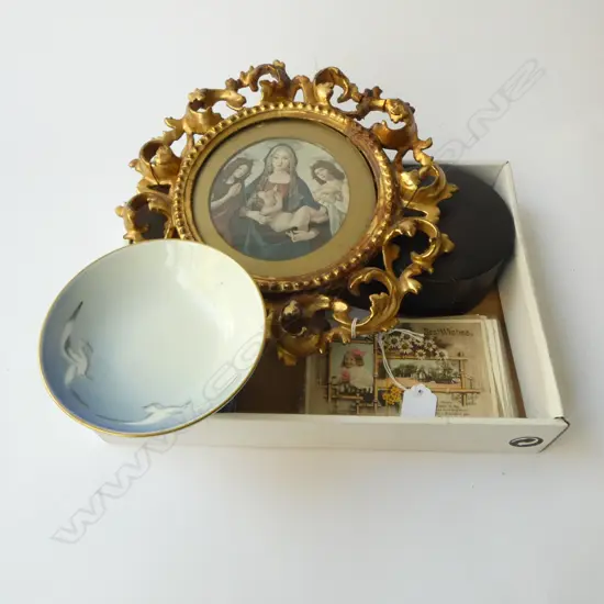 4 VINTAGE ITEMS; GILDED FRAMED PIC of VIRGIN & CHILD, ROYAL COPENHAGEN SML PEDESTAL DISH, TURNED WOOD BOX & POSTCARDS