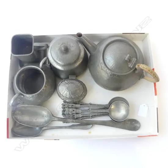 Antique hand hammered pewter tea caddy, teapot etc, and asstd. spoons