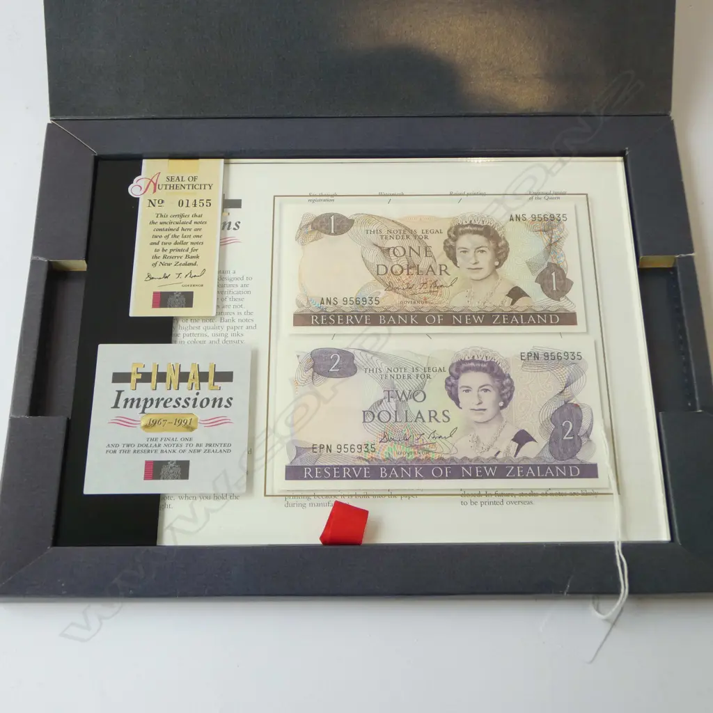 'FINAL IMPRESSIONS' NZ $1 & $2 NOTES w. CERTIFICATE, CASED Image 1++