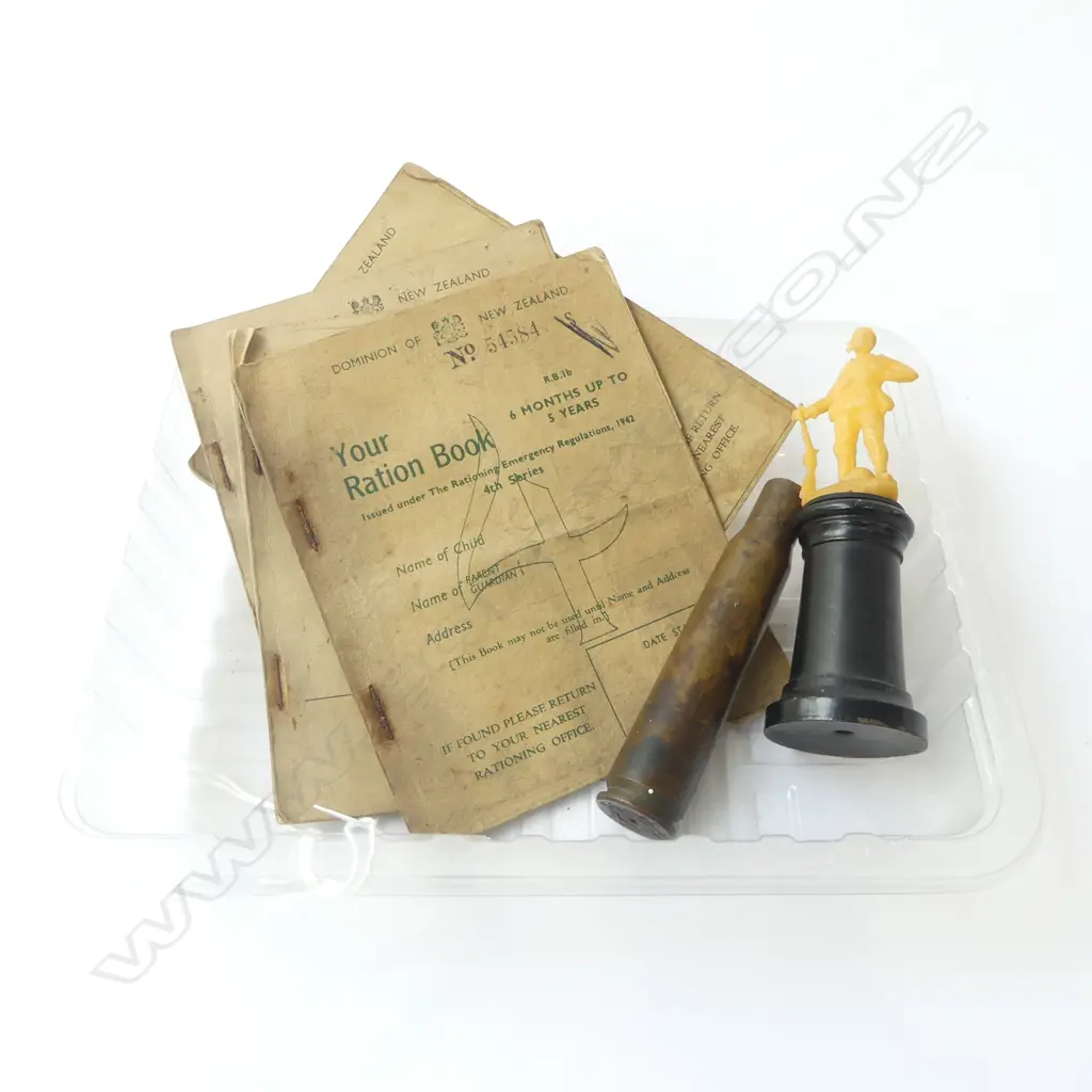 4 WWII NZ Ration Books 1945, Brass shell case, Boer War Figure  Image 1++
