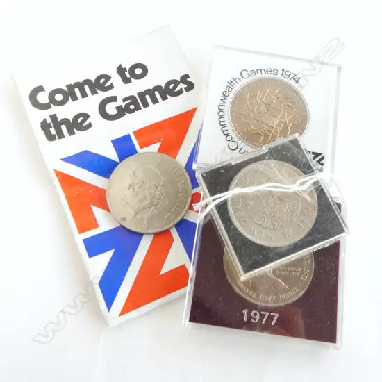 4 COMMEMORATIVE COINS; CHURCHILL, ER NZ 1953/1977 & 1974 COMMONWEALTH GAMES