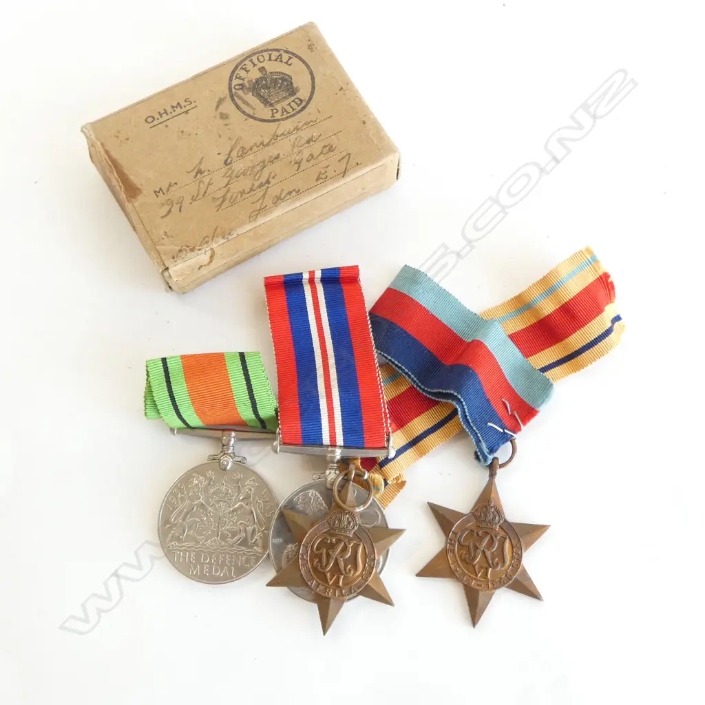4 WWII MEDALS: BRITISH PAIR + 39-45 &  AFRICA STARS + original box & paper work for medals Image 1++
