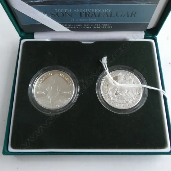 2 SILVER PROOF BOXED 5 pound COINS 200th Anniv Nelson Trafalgar 56.56gms ea. 