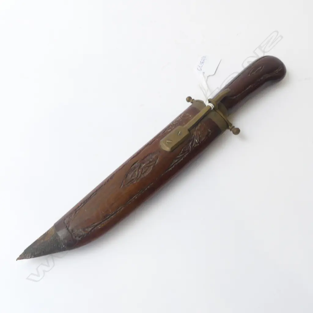 KNIFE w. CARVED WOODEN HANDLE & SCABBARD L.335mm Image 1++
