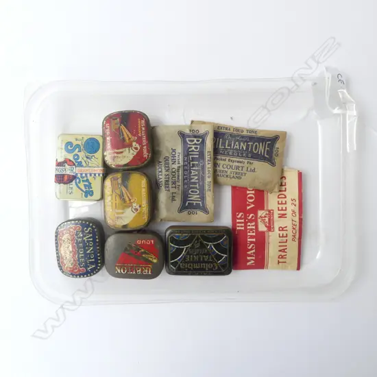 Six Gramophone needle tins w. needles & 3 packets HMV etc