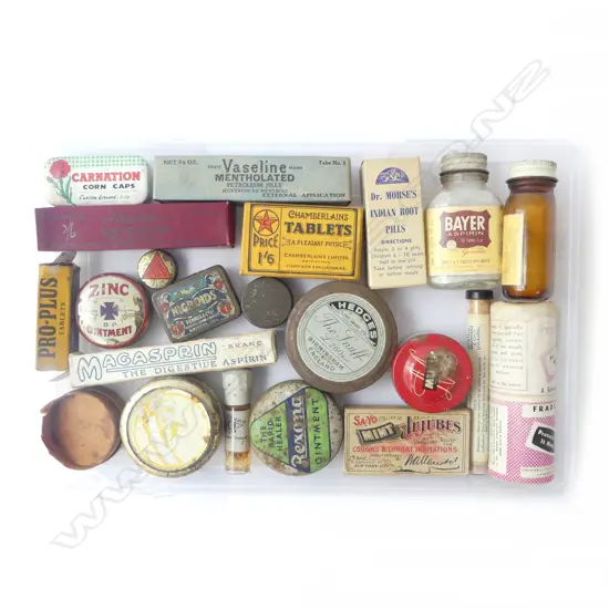 Vintage medicinal pharmaceutical tins, packaging, bottles etc 22pcs