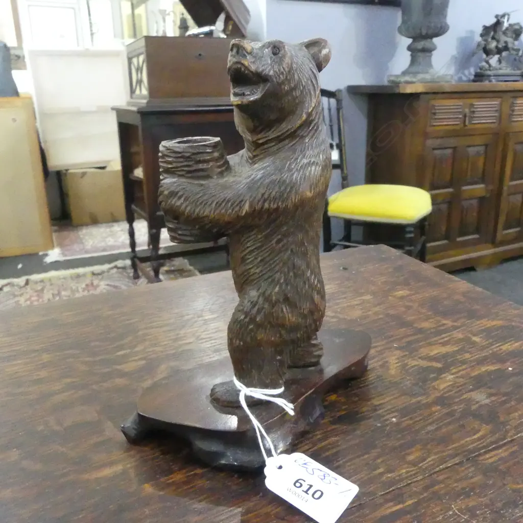 EARLY 20thC BLACK FOREST CARVED WOOD BEAR holding a barrel SCULPTURE H.170mm Image 1++