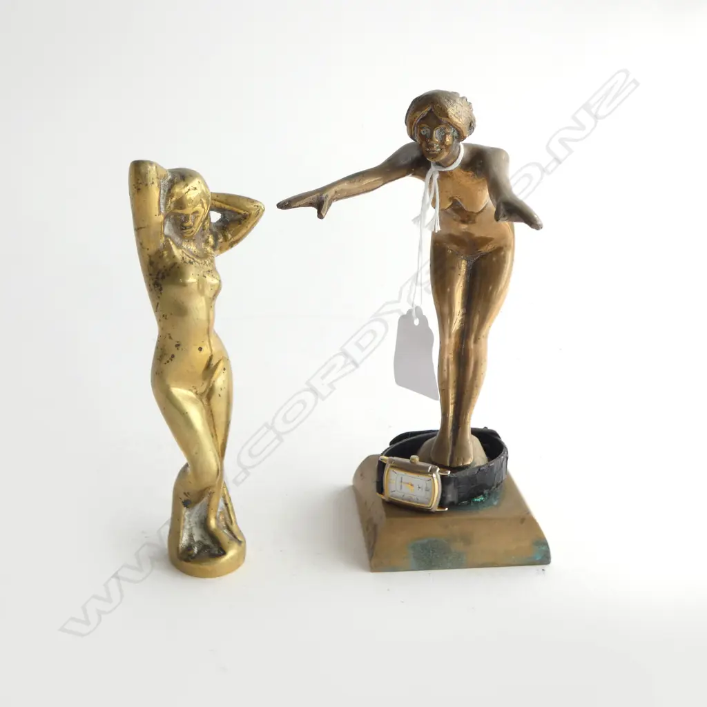 2 BRASS ART DECO STYLE SCULPTURES NAKED MAIDENS tallest 180mm Image 1++