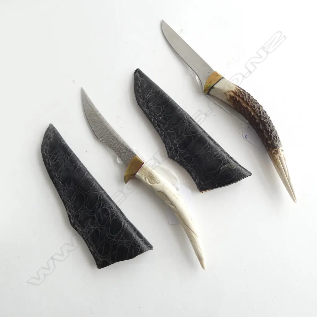 TWO HANDCRAFTED KNIVES by STEVE WHEELER?; BOTH WITH CARVED BONE HANDLES, GANET & WHALE, CUSTOM LEATHER SHEATHS, L.240mm Image 1++