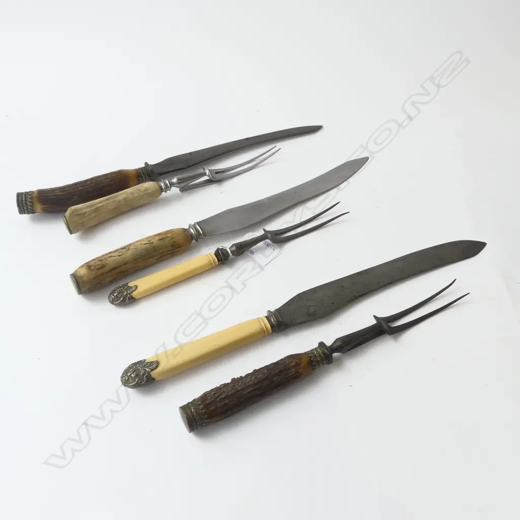 THREE PRs CARVING SETS; 2 CARVED HORN + IVORINE 'BONE' Image 1++