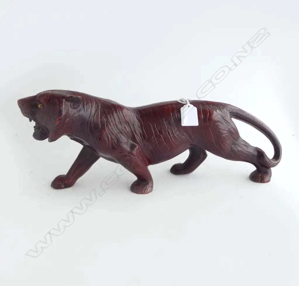 VINTAGE PRANCING CAST IRON TIGER dark red finish glass eyes L.400mm Image 1++