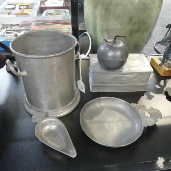7 PCES PEWTER INCL. ICE BUCKET H.155mm, ORIENTAL TEA CADDY W.155mm ETC