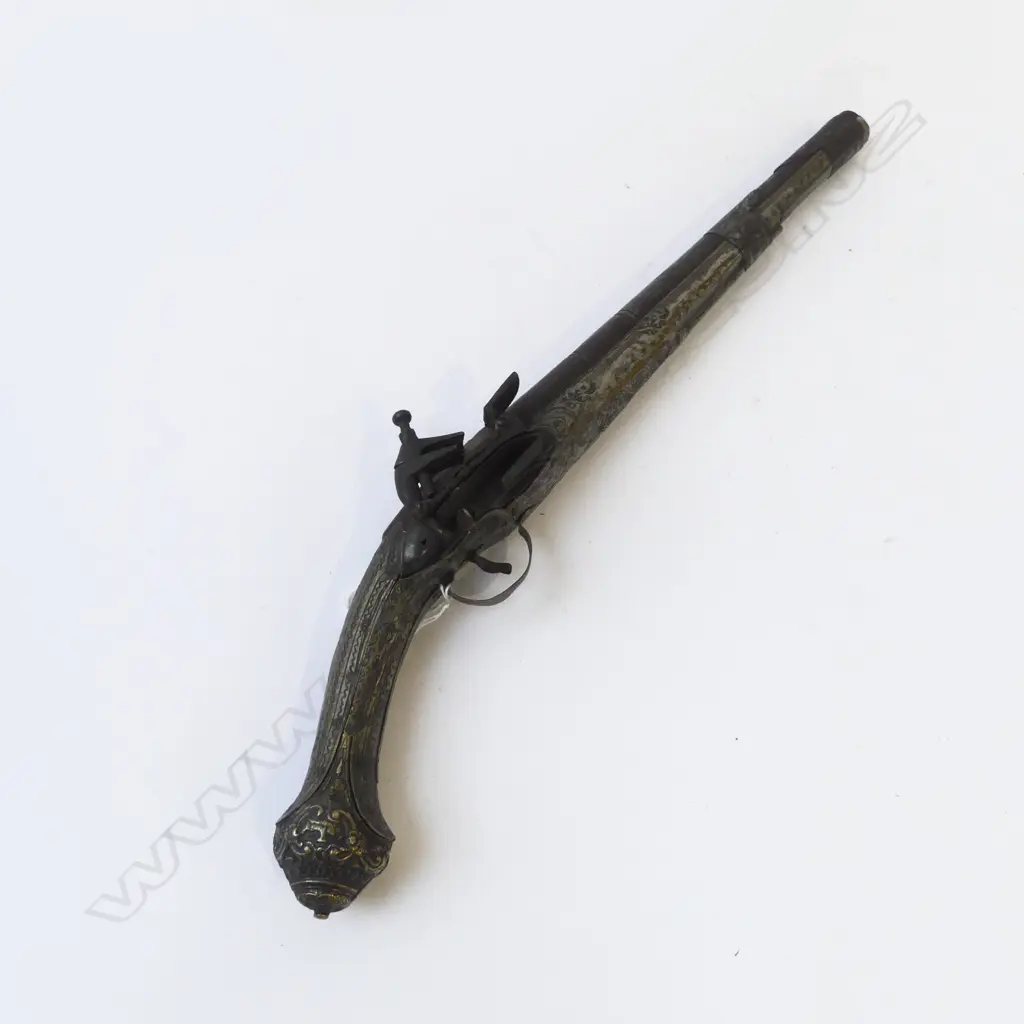 OLD TURKISH Miquelet FLINTLOCK PISTOL L.450mm embossed silvered brass & copper covered stock Image 1++
