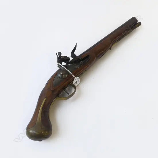 A Non-working Copy of a Flintlock Dragoon Pistol, the lockplate stamped FARMER 1744, the walnut stock with brass L.490mm