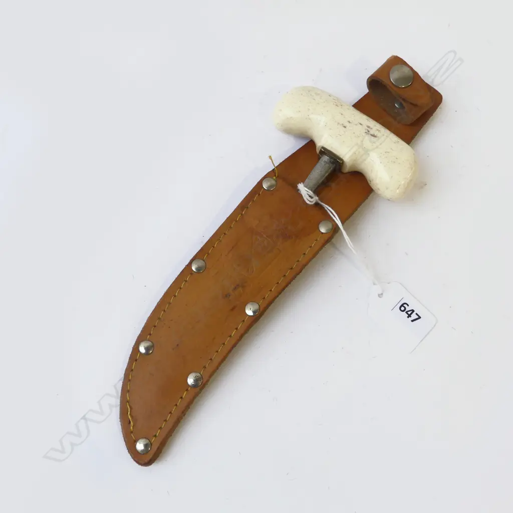 STEEL PUSH DAGGER WITH WHALE BONE HANDLE L.185mm in miss-matched leather sheath named Mora Image 1++