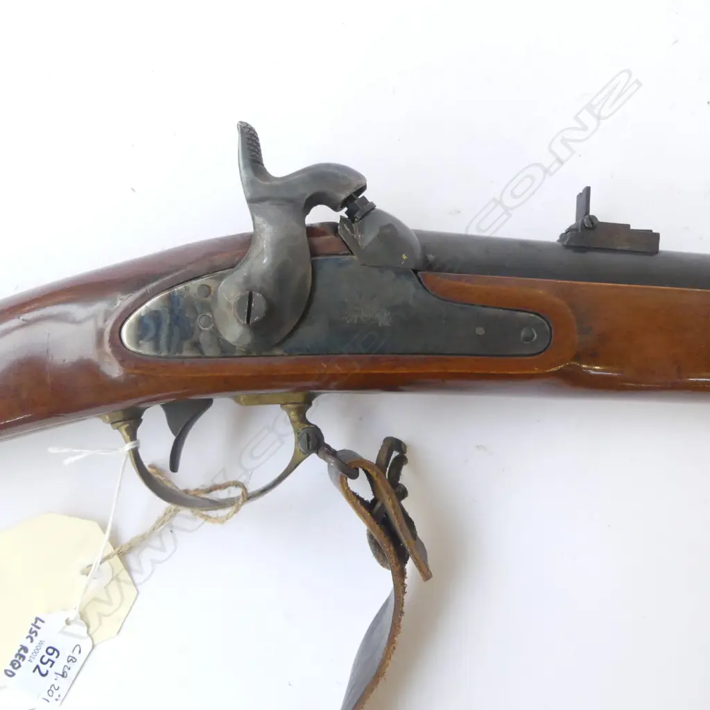 Replica .58 percussion Zoauve carbine by Antonio Zoli. Condition almost as new but action stiff. With leather sling. Very good condition. Fire Arms License Required. Image 1++