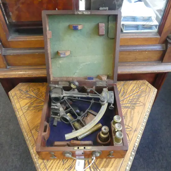 19thC brass J. SEWELL (Liverpool & London) SEXTANT with extra lenses in mahogany case. Named. Ebony handle